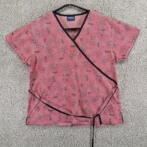 Absolute Scrub Top Womens XL Red Heart Floral Mock Wrap Nursing Medical